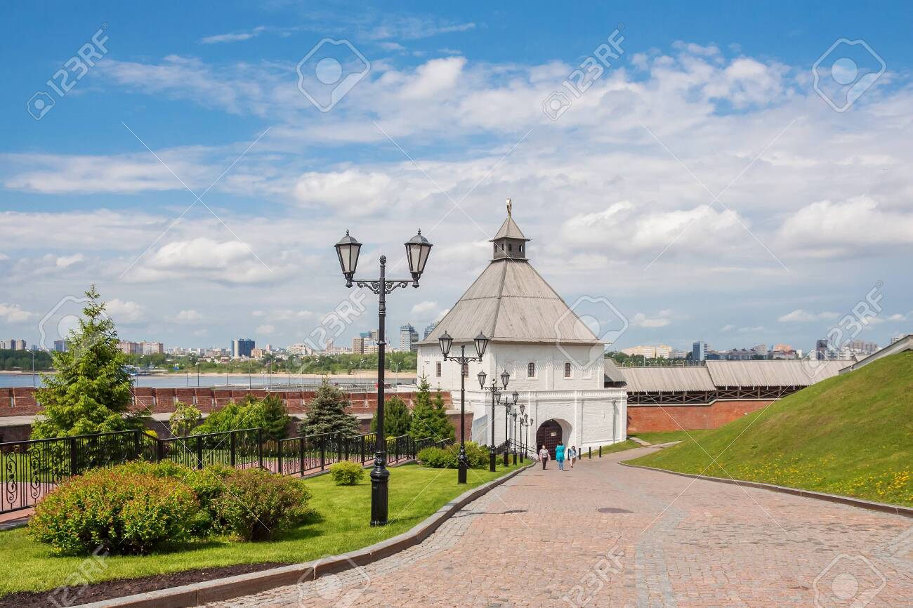 Kazan city, Republic of Tatarstan/Russia - may 23 2019: View of the tower of the Kazan Kremlin - 142402794 Kazan city, Republic of Tatarstan/Russia - may 23 2019: View of the tower of the Kazan Kremlin - 142402794