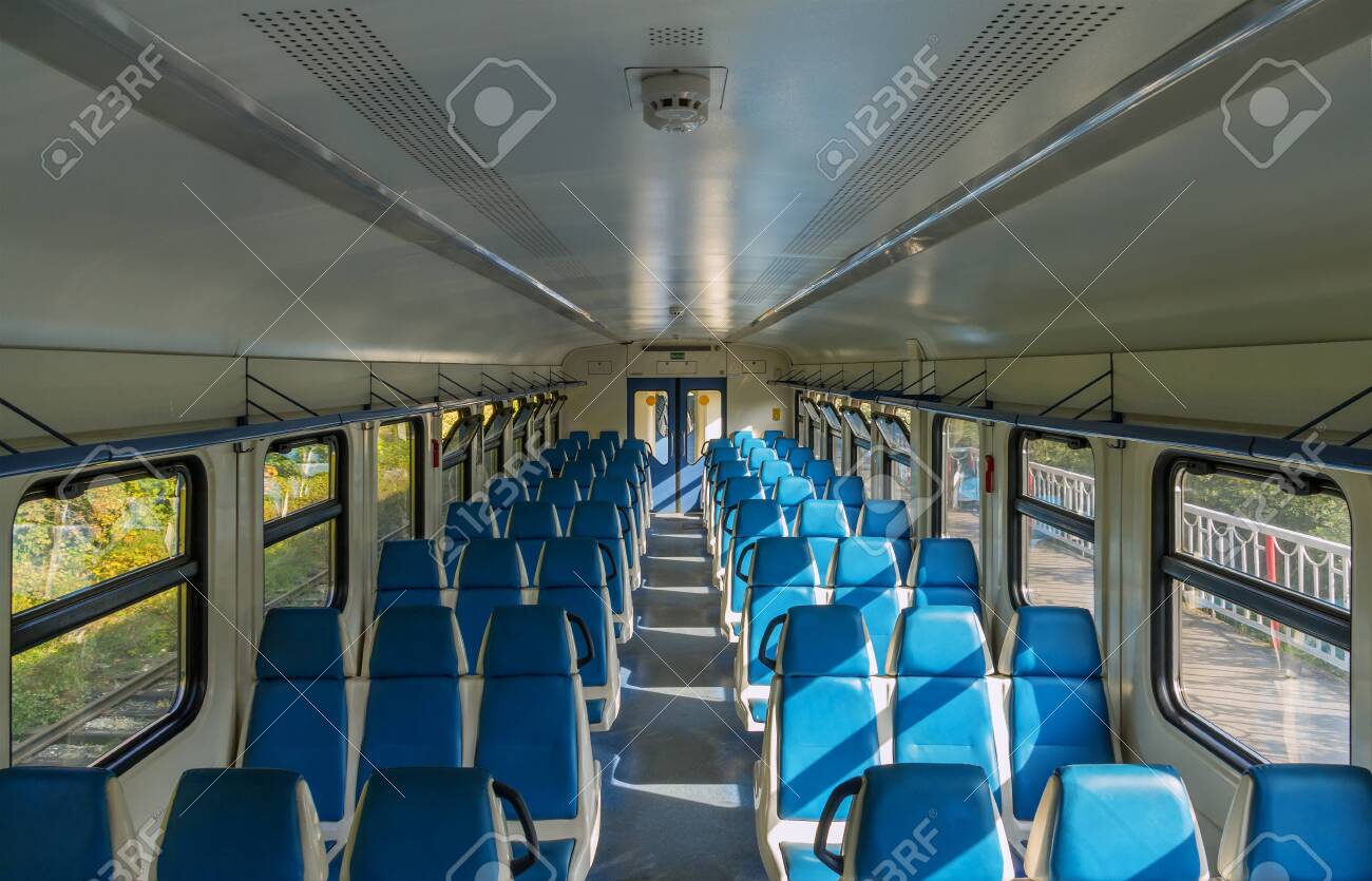 View of the interior of an electric train car without passengers in Russia - 144307571 View of the interior of an electric train car without passengers in Russia - 144307571