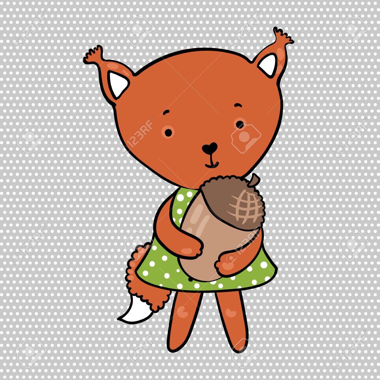 その足にドングリと緑のドレスでかわいいリスのベクトル イラストのイラスト素材 ベクタ Image