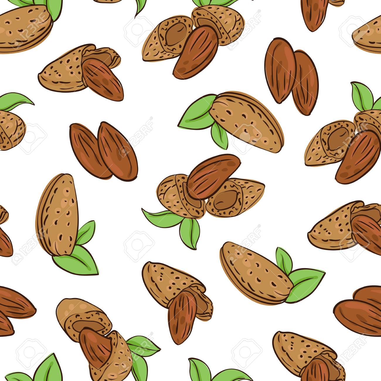さまざまな形でアーモンドのナッツとシームレスな壁紙します のイラスト素材 ベクタ Image