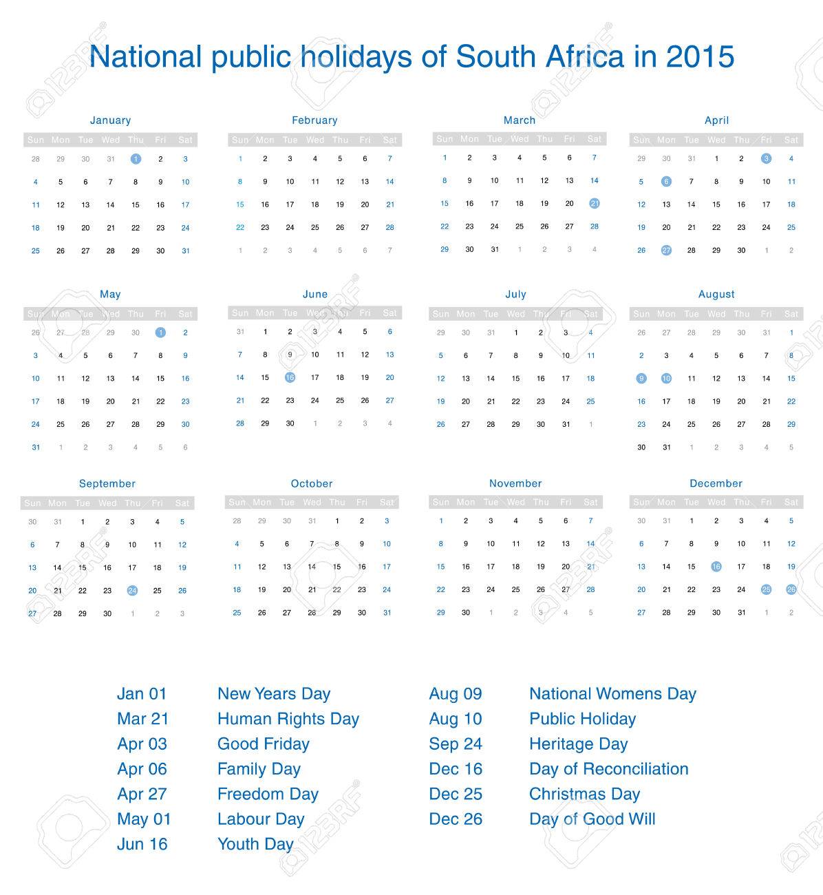 National Public Holidays Of South Africa In 2015. Template Design Calendar.  Royalty Free SVG, Cliparts, Vectors, and Stock Illustration. Image 32358342., image size:1196x1300
