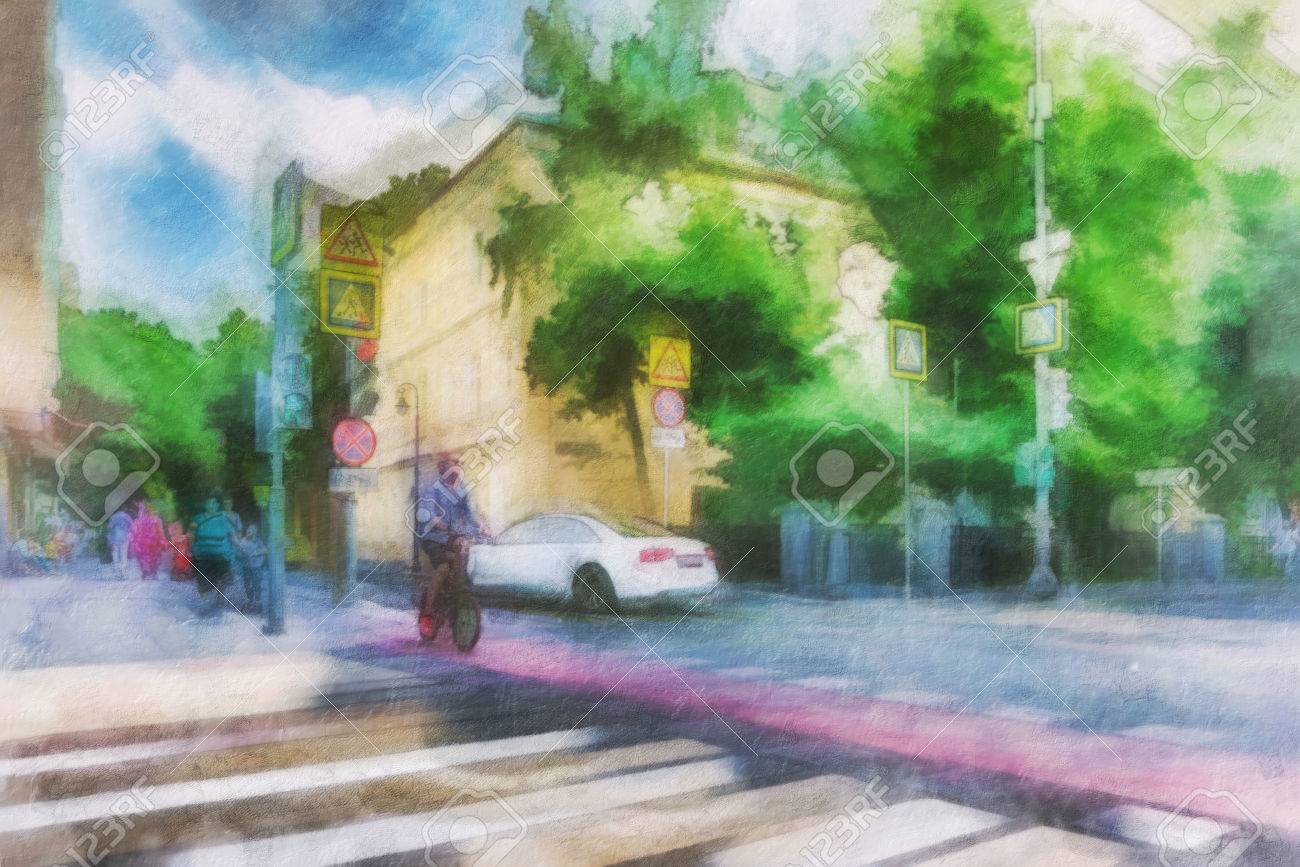 交差道路都市デジタル水彩描画様式の叙情的な抽象化 の写真素材 画像素材 Image