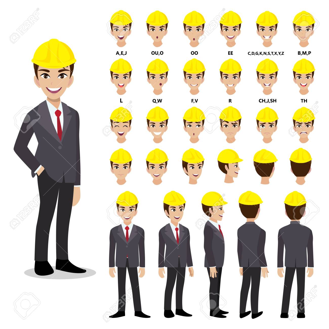 Cartoon Character With Engineer In Suit For Animation Front Side Back 3 4 View Character Separate Parts Of Body Flat Vector Illustration Royalty Free Cliparts Vectors And Stock Illustration Image