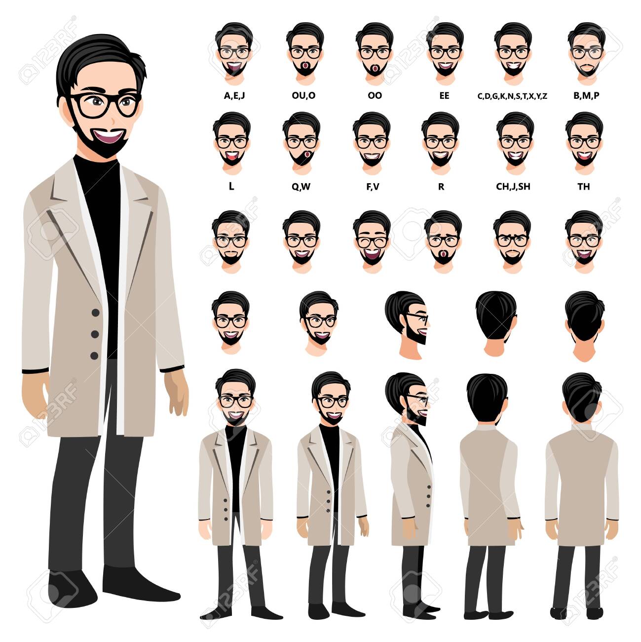 Cartoon Character With Business Man In A Long Coat For Animation Front Side Back 3 4 View Character Separate Parts Of Body Flat Vector Illustration Royalty Free Cliparts Vectors And Stock Illustration Image
