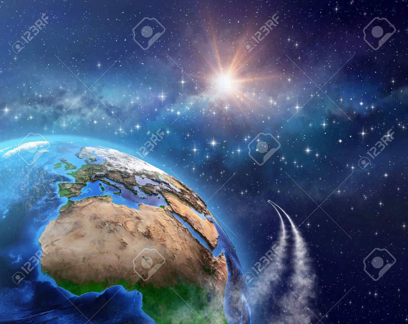 宇宙船や背後にある深い宇宙に輝く太陽の光、地球の周りの軌道上