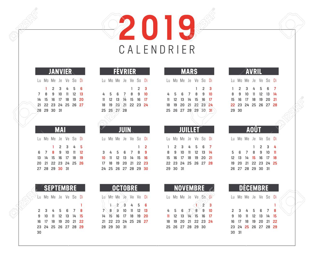 Year 2019 minimalist black and red calendar, in French language, on white background. Vector template. - 106148630 Year 2019 minimalist black and red calendar, in French language, on white background. Vector template. - 106148630