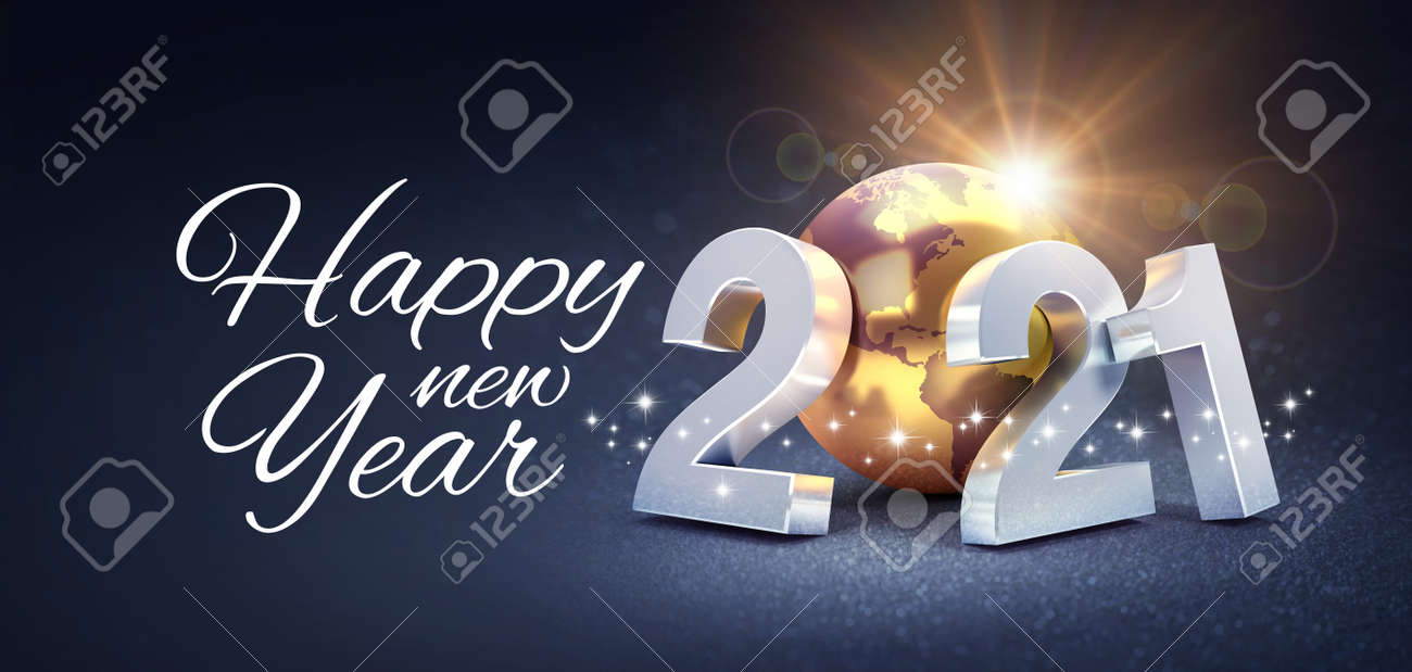 Happy New Year greeting and silver date 2021 composed with a gold planet earth, glittering on a black background - 3D illustration - 159347788 Happy New Year greeting and silver date 2021 composed with a gold planet earth, glittering on a black background - 3D illustration - 159347788