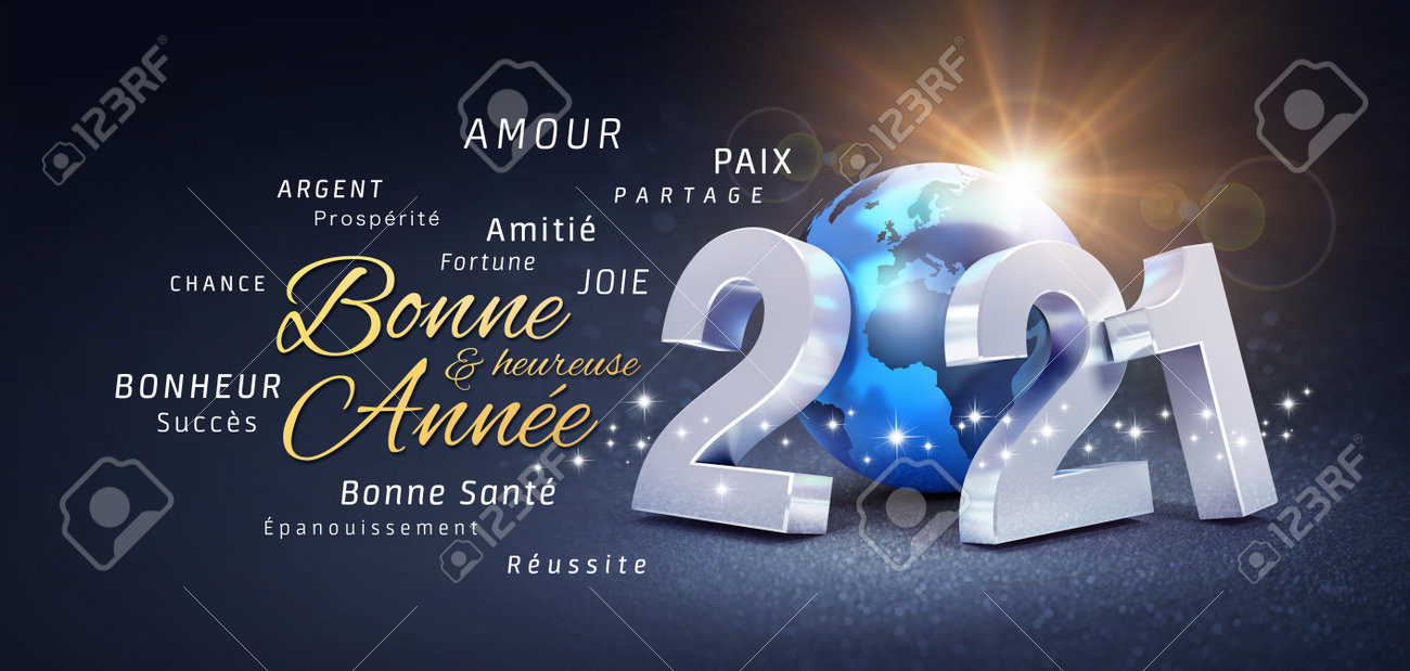 2021 New Year date number, composed with a blue planet earth, greetings and best wishes in French language, on a festive black background - 3D illustration - 160820779 2021 New Year date number, composed with a blue planet earth, greetings and best wishes in French language, on a festive black background - 3D illustration - 160820779