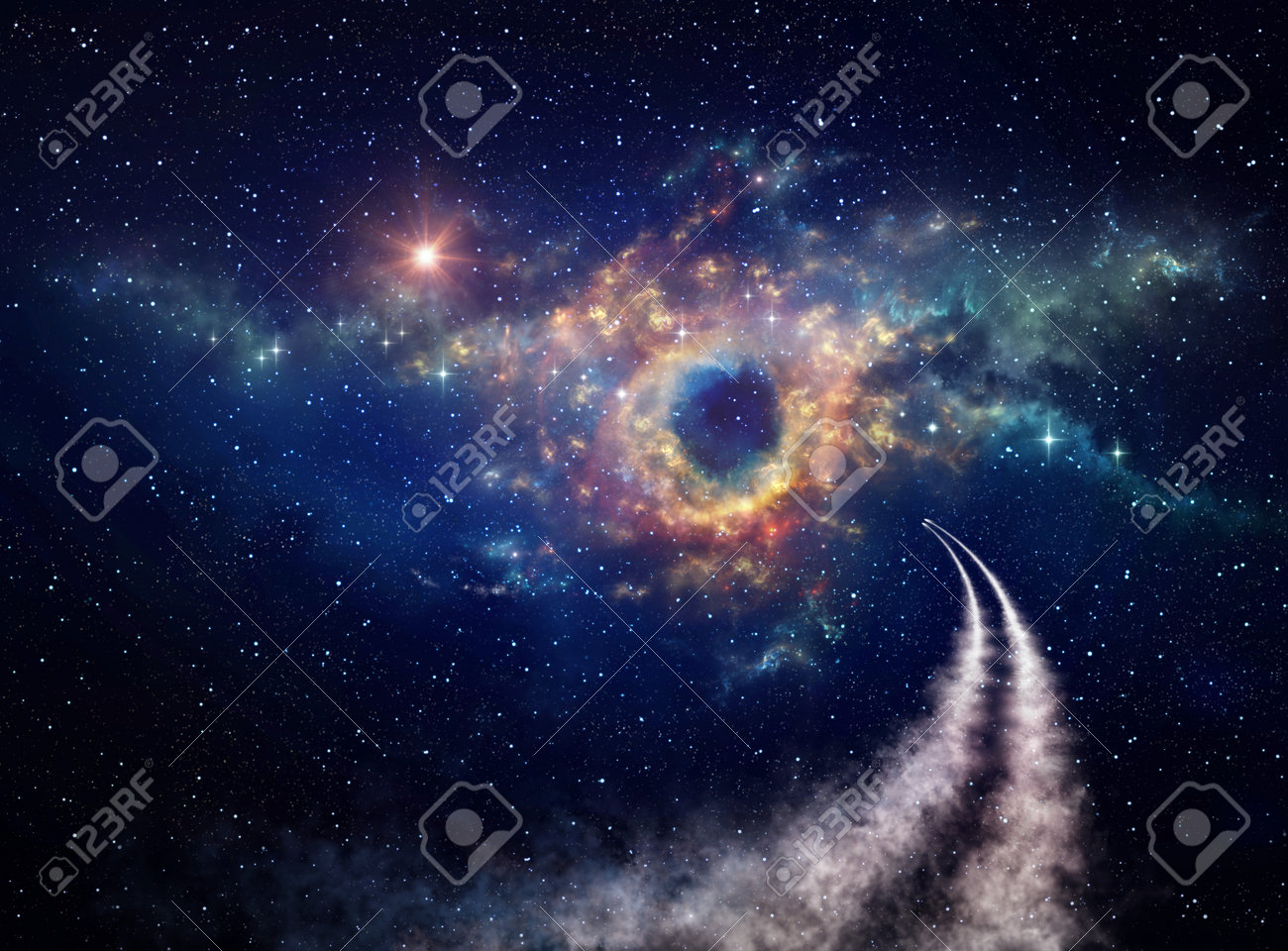 Spaceships traveling in universe toward nebula and stars clusters for constellations discovery. Shuttle journey into deep space. - 161508837 Spaceships traveling in universe toward nebula and stars clusters for constellations discovery. Shuttle journey into deep space. - 161508837