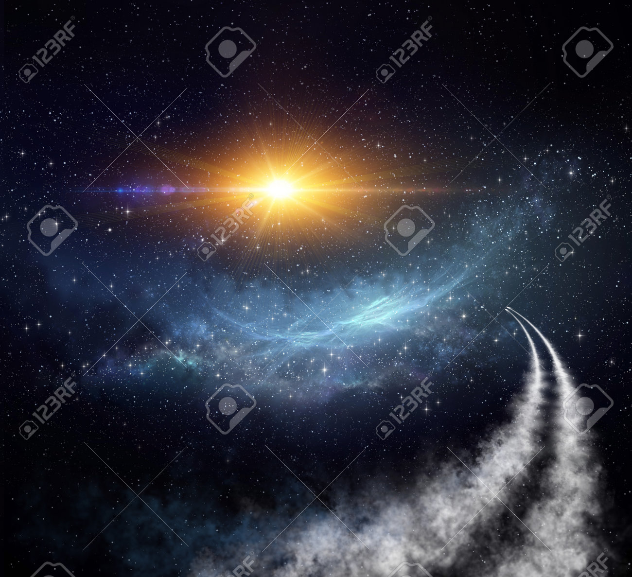 Spaceships traveling in universe toward nebula and stars clusters for constellations discovery. Shuttle journey into deep space. - 161907866 Spaceships traveling in universe toward nebula and stars clusters for constellations discovery. Shuttle journey into deep space. - 161907866