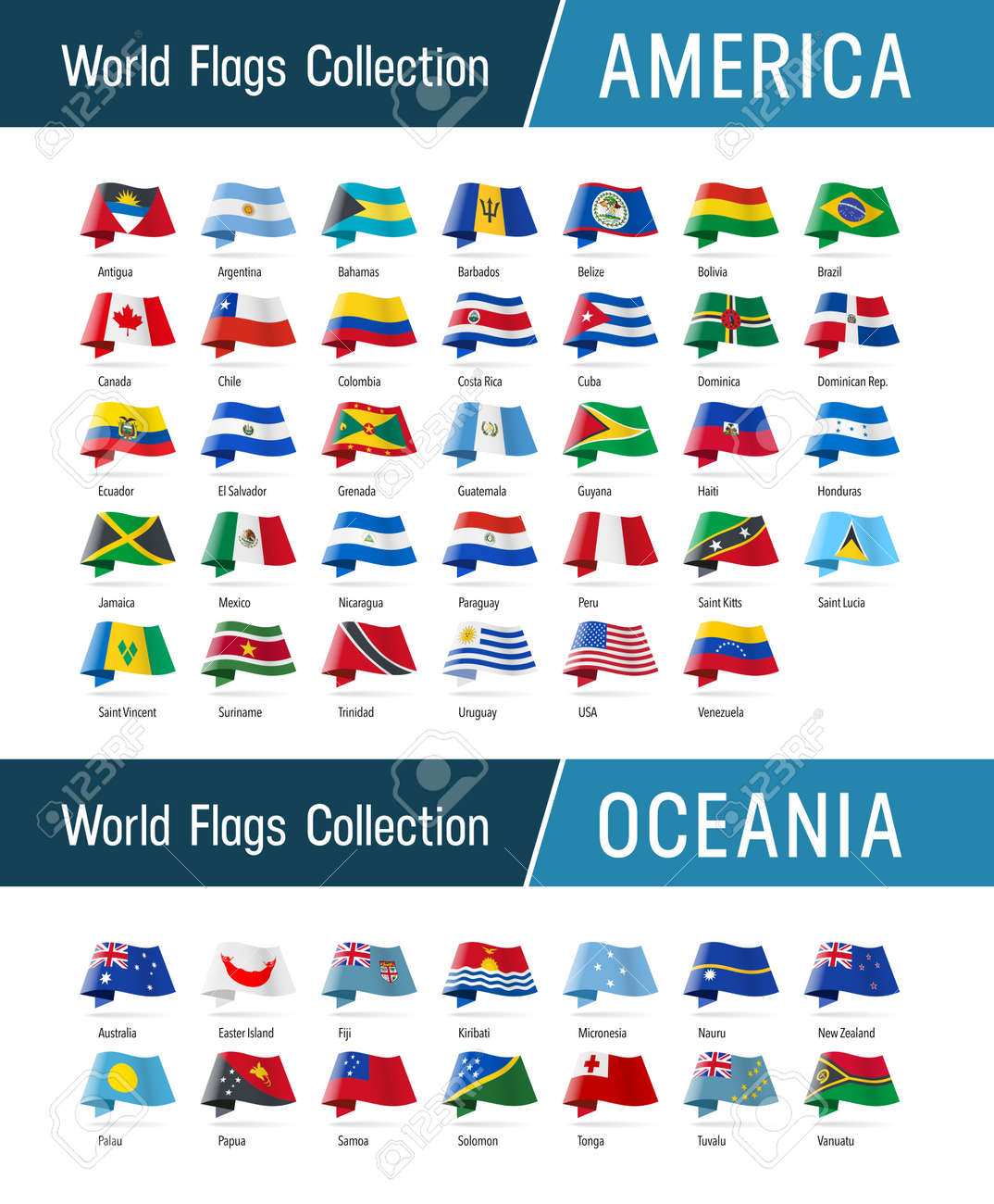 Flags of America and Oceania, waving in the wind. Icons pointing location, origin, language. Vector world flags collection. - 163517640 Flags of America and Oceania, waving in the wind. Icons pointing location, origin, language. Vector world flags collection. - 163517640