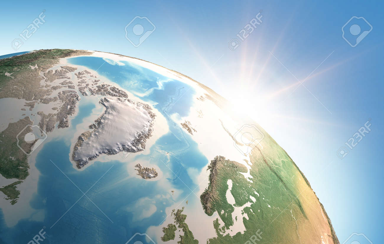 Sun shining over a high detailed view of Planet Earth, focused on North Pole, Greenland and Arctic Ocean. 3D illustration - - 166788673 Sun shining over a high detailed view of Planet Earth, focused on North Pole, Greenland and Arctic Ocean. 3D illustration - - 166788673