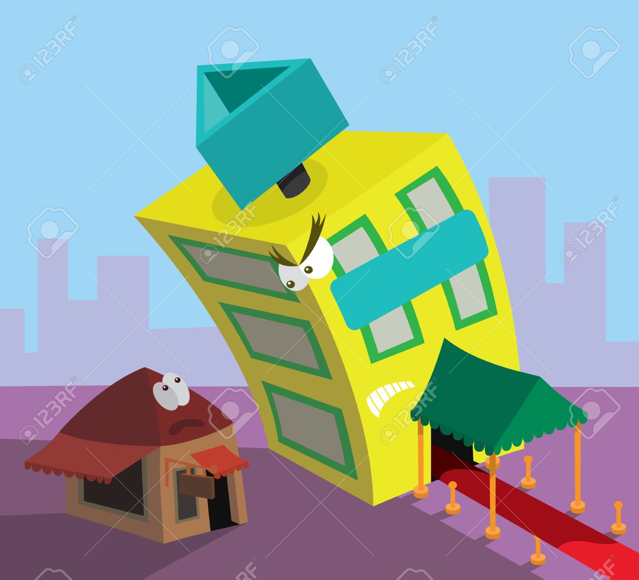 大企業と中小企業の間の競争についてのユーモア漫画イラスト のイラスト素材 ベクタ Image