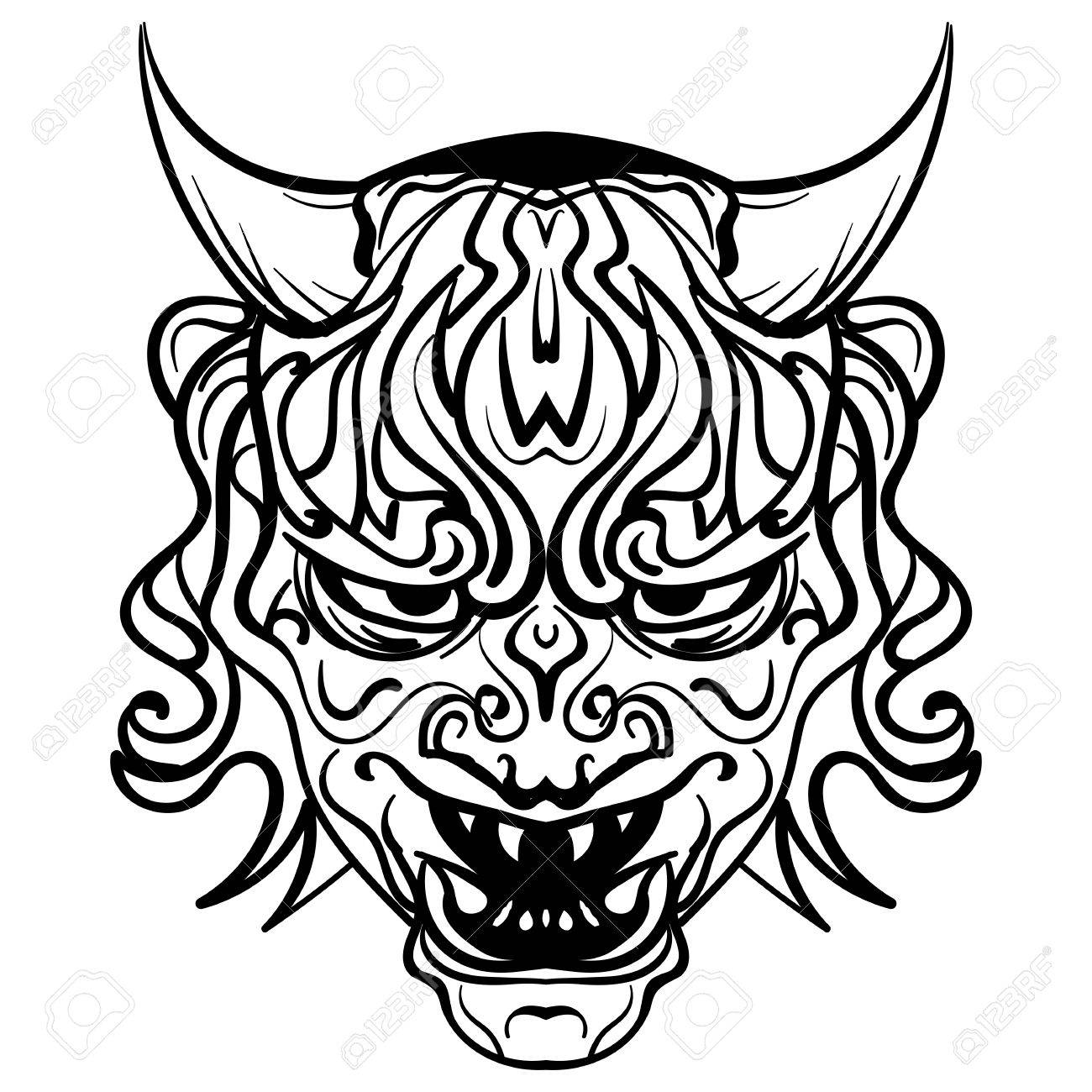 抽象的なベクトル イラスト白黒頭蓋骨悪魔角タトゥー鬼と のイラスト素材 ベクタ Image