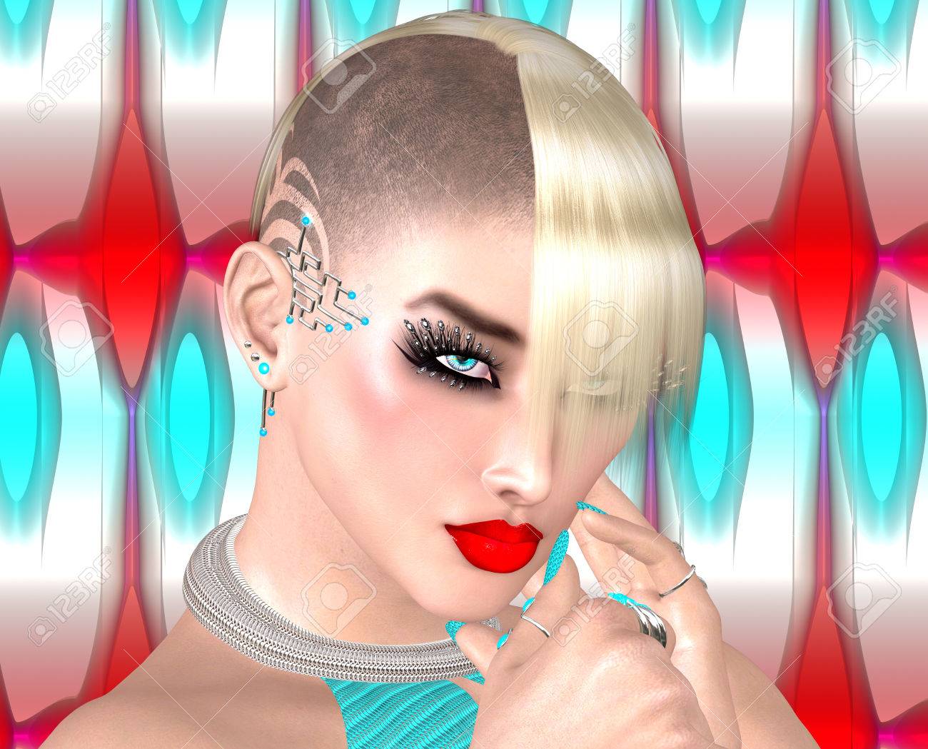 Punk Girl With Mohawk Hairstyle On Colorful Abstract Background