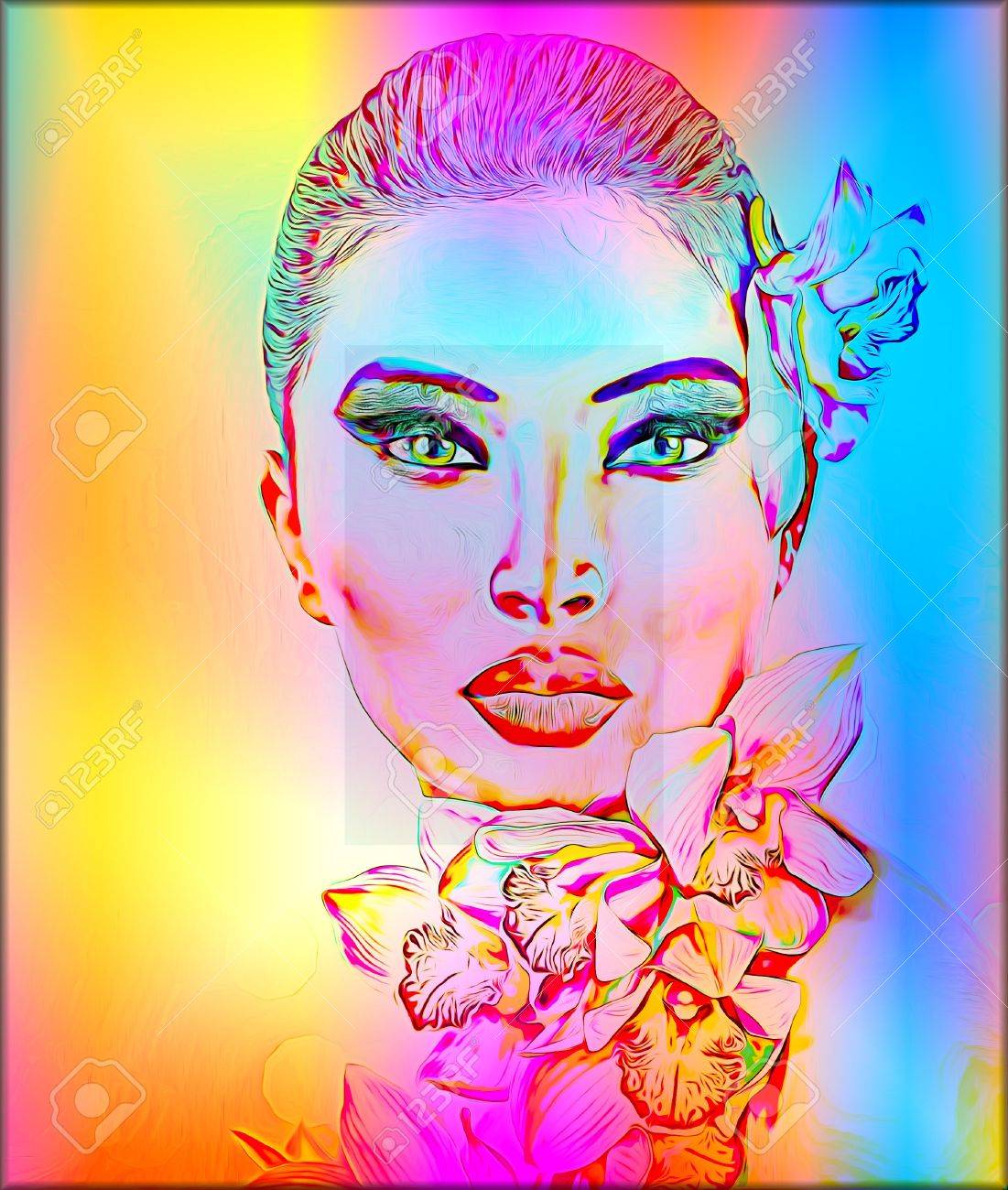 蘭の花を持つ美しい少女。抽象的な花のデジタル アートと女性の顔が現代のデジタル アート作品を作成するカラフルなグラデーションの組み合わせ。の写真素材・画像素材  Image 43526385