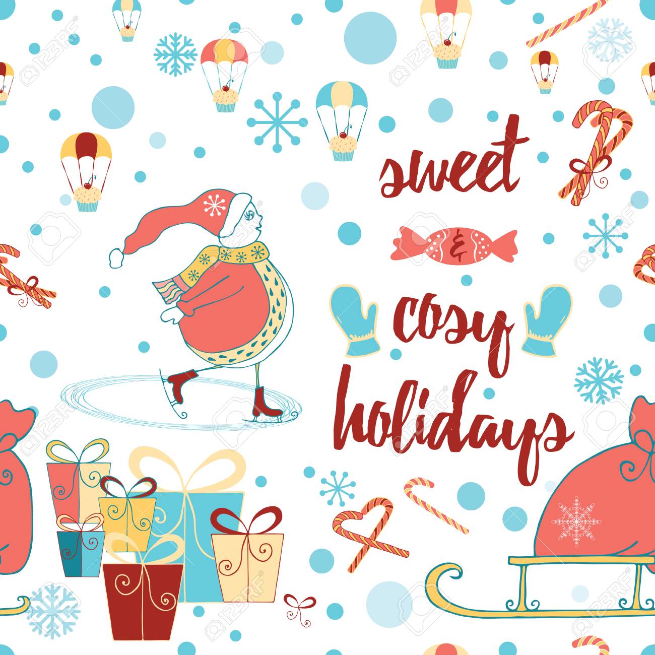 Christmas and Happy New Year seamless pattern with Snowman, gifts,..