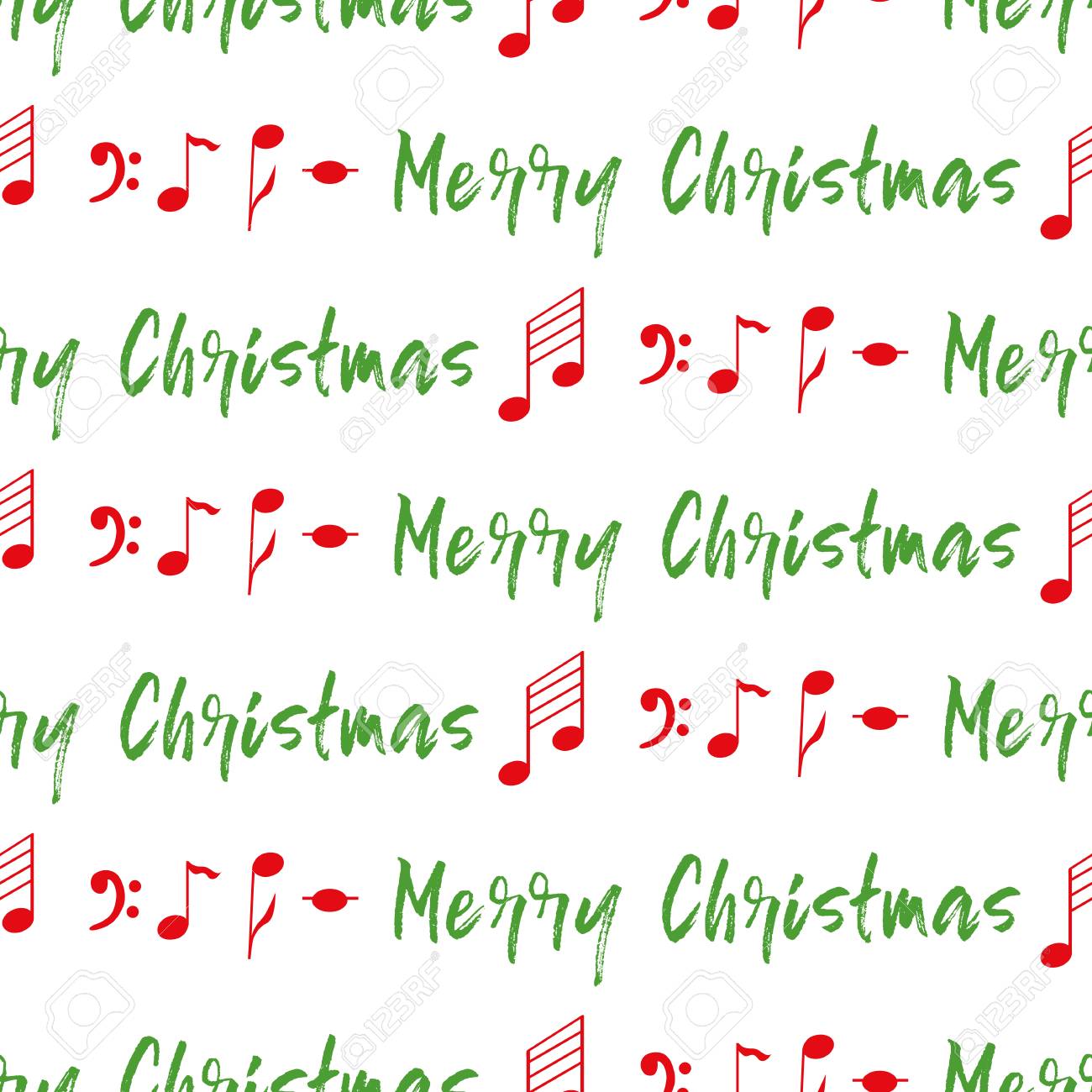 christmas seamless pattern with red notes green phrase merry chrismas notes