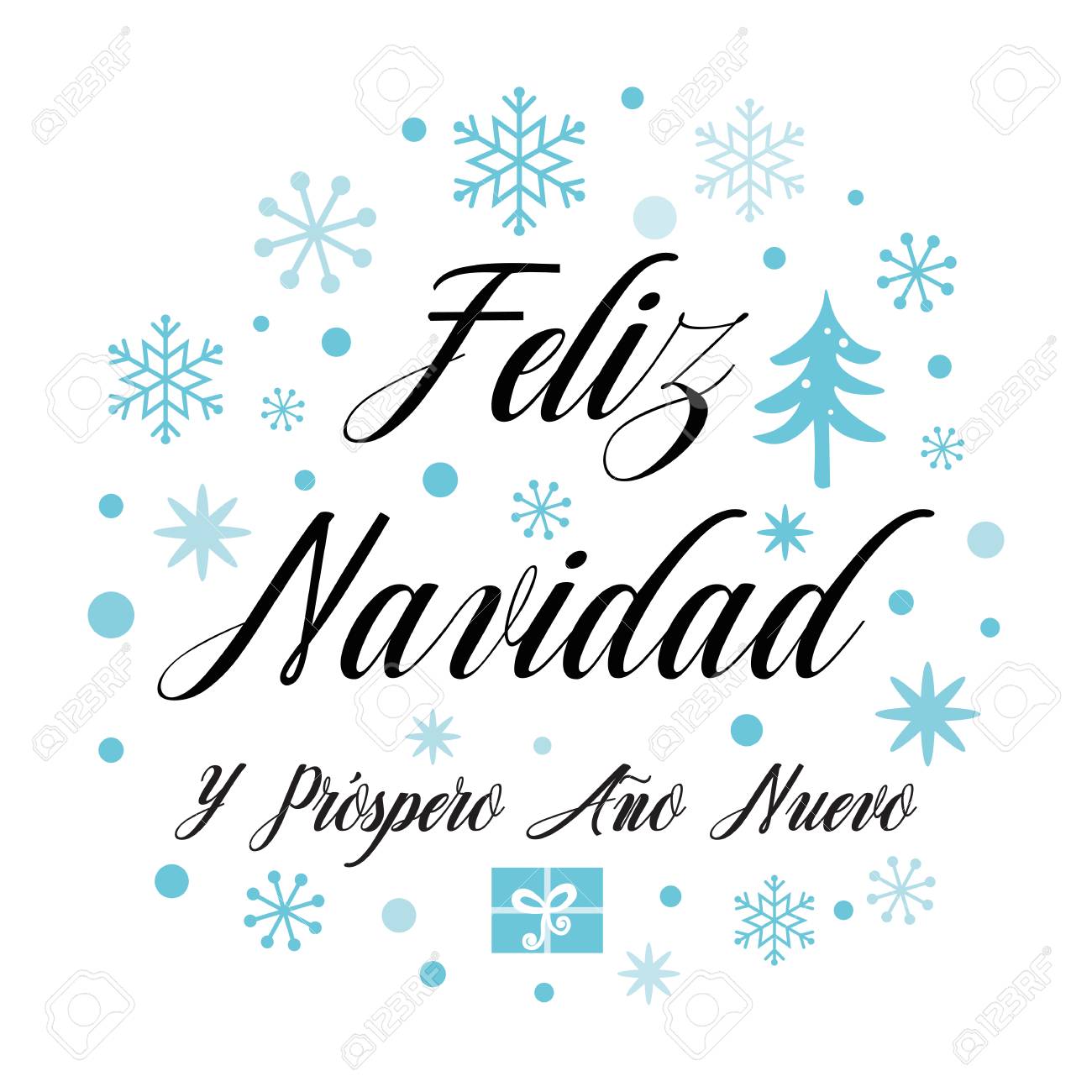 Frohe Weihnachten Und Ein Gluckliches Neues Jahr Nettes Weihnachtszeichen Mit Blauem Weihnachtsbaum Schneeflocken Auf Weiss Vektor Illustration Phrase Fur Banner Einladung Gluckwunsch Karten Inschrift In Spanisch Lizenzfrei Nutzbare