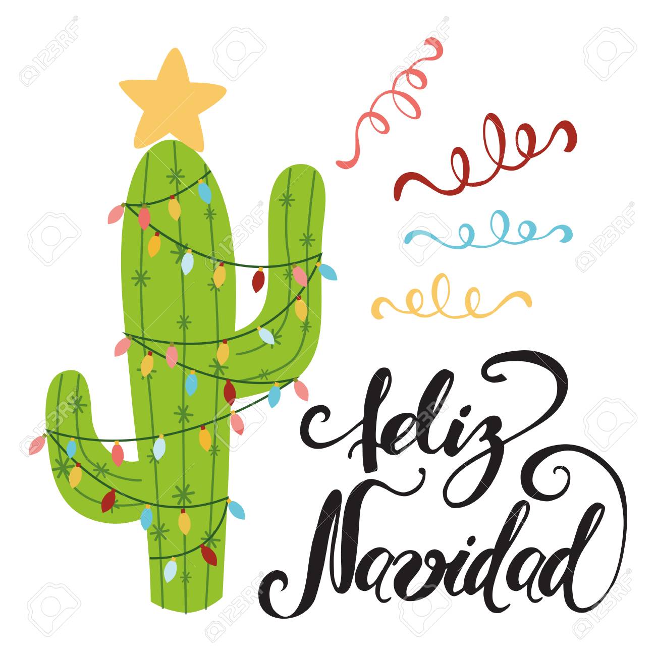 merry-christmas-banner-happy-cactus-in-a-christmas-garland-cute-vector-greeting-card-print-label-poster-sign-title-in-spanish-vector-illustration-hand-drawn-mexico-design-hand-lettering-royalty-free-svg-cliparts