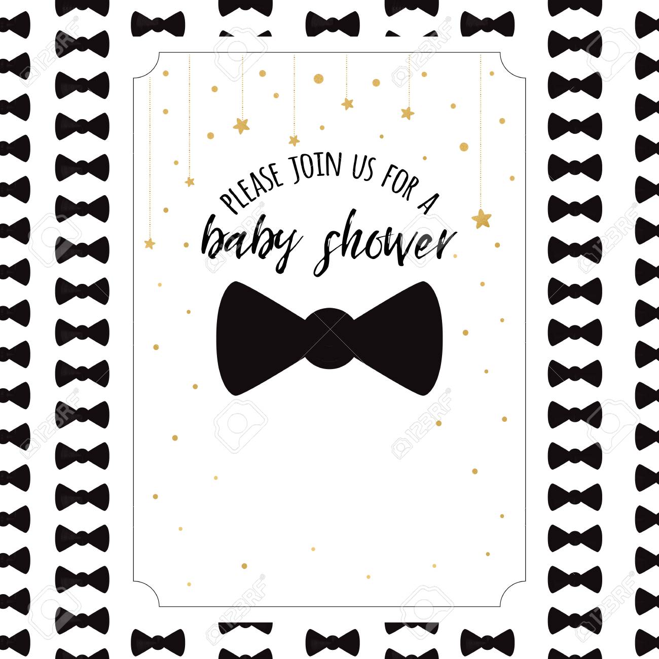 Modele D Invitation De Douche De Bebe Avec Des Etoiles Dorees Sparkle Noeud Papillon Sur Fond Blanc Banniere Douce Pour La Fete D Anniversaire De Garcon Felicitation Invitation Impression D Etiquette Signe Illustration Vectorielle Clip