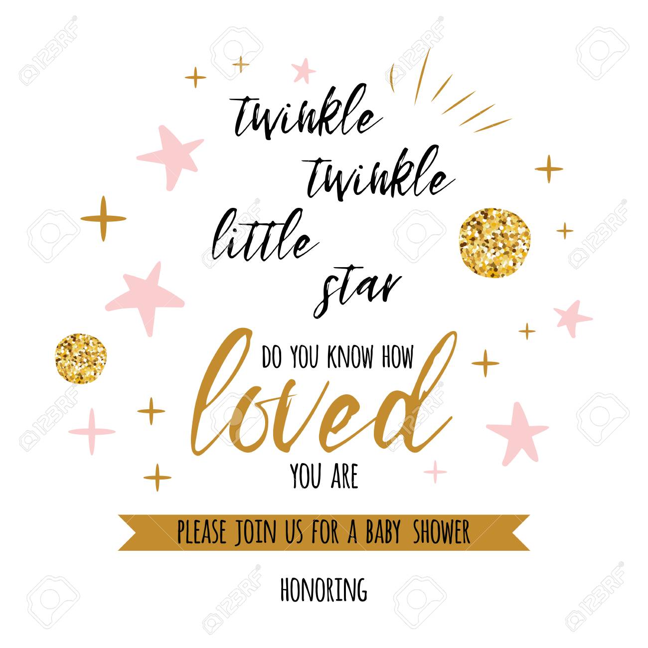 twinkle twinkle little star text with cute gold pink colors for