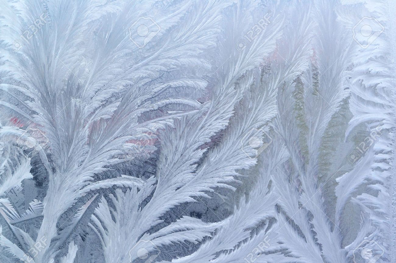Feathery frost pattern - ice flowes on window glass - 16296810 Feathery frost pattern - ice flowes on window glass - 16296810