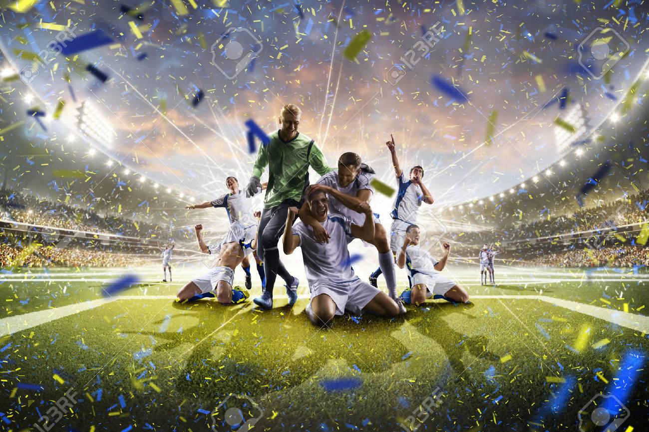 Collage from adult soccer players in action on the high light stadium background panorama - 60366677 Collage from adult soccer players in action on the high light stadium background panorama - 60366677