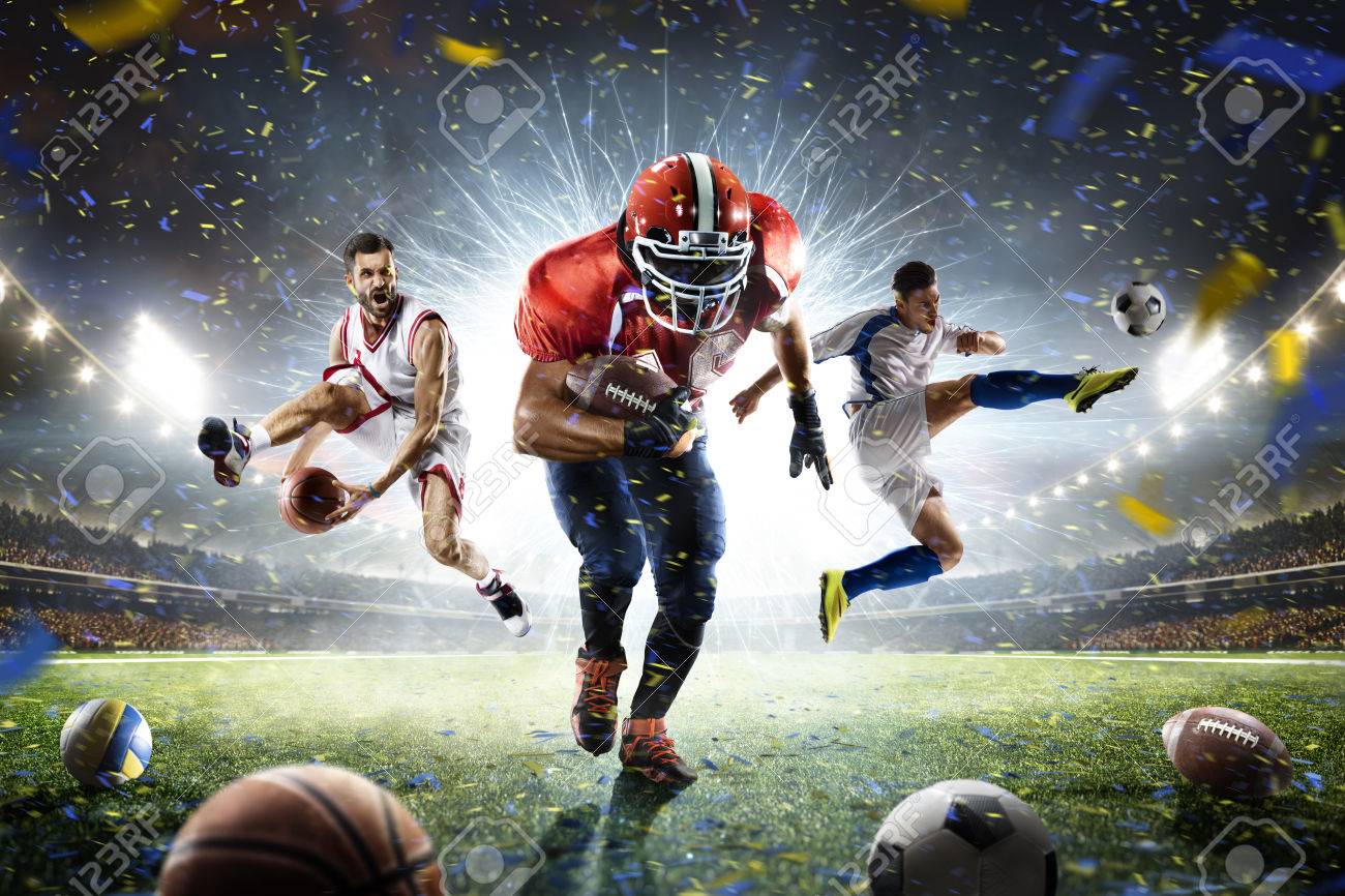 Multi sports proud players collage on grand arena - 68553598 Multi sports proud players collage on grand arena - 68553598
