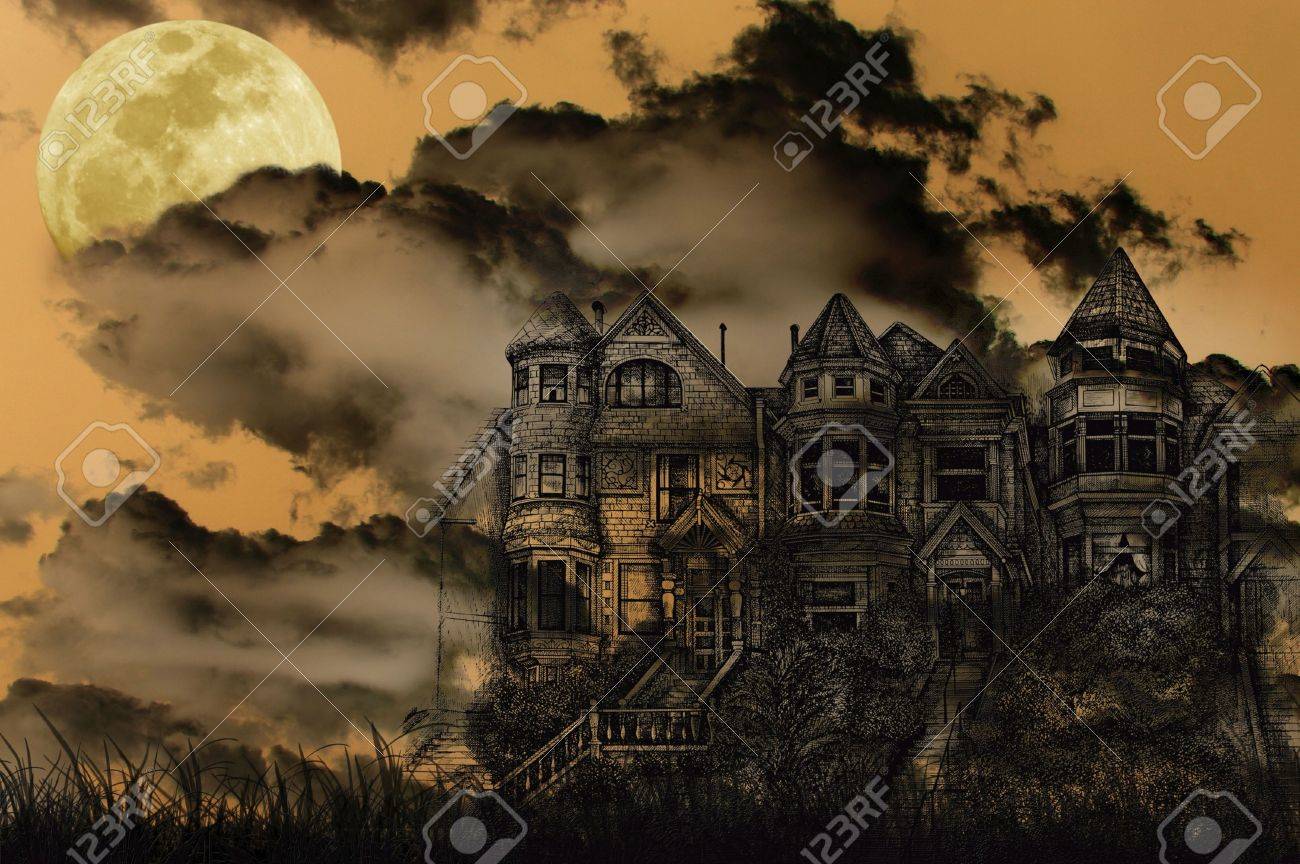 old victorian haunted mansion illustrated on a spooky background