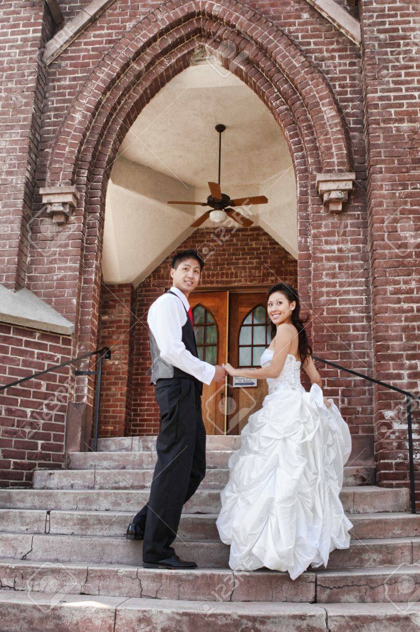 Asian American Wedding Couple Outdoors Stock Photo Picture And
