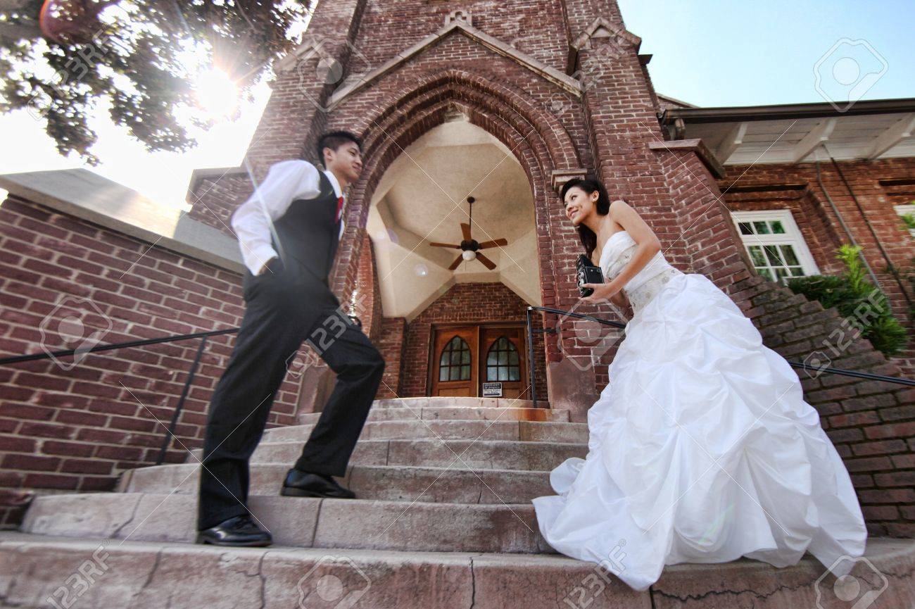 Asian American Wedding Couple Outdoors Stock Photo Picture And