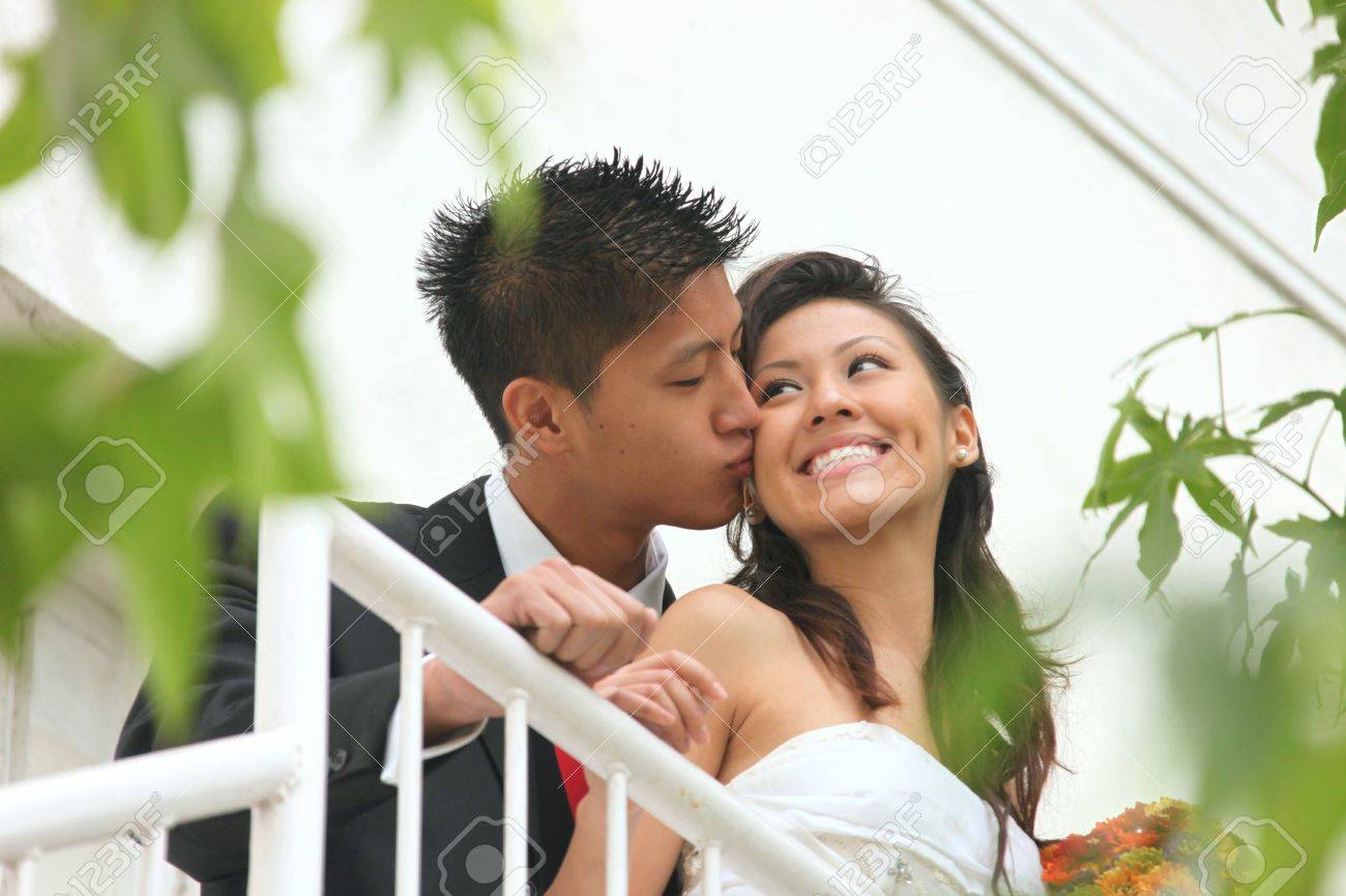 Asian American Wedding Couple Outdoors Stock Photo Picture And