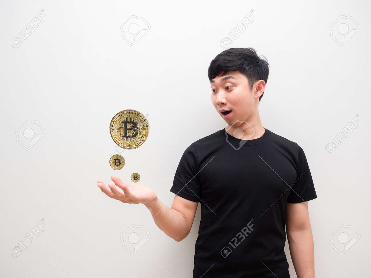 Asian Man Looking At Bitcoin On Hand Happy Face And Smile The Digital Money  Concept On White Isolated Background Stock Photo, Picture and Royalty Free  Image. Image 184291169.