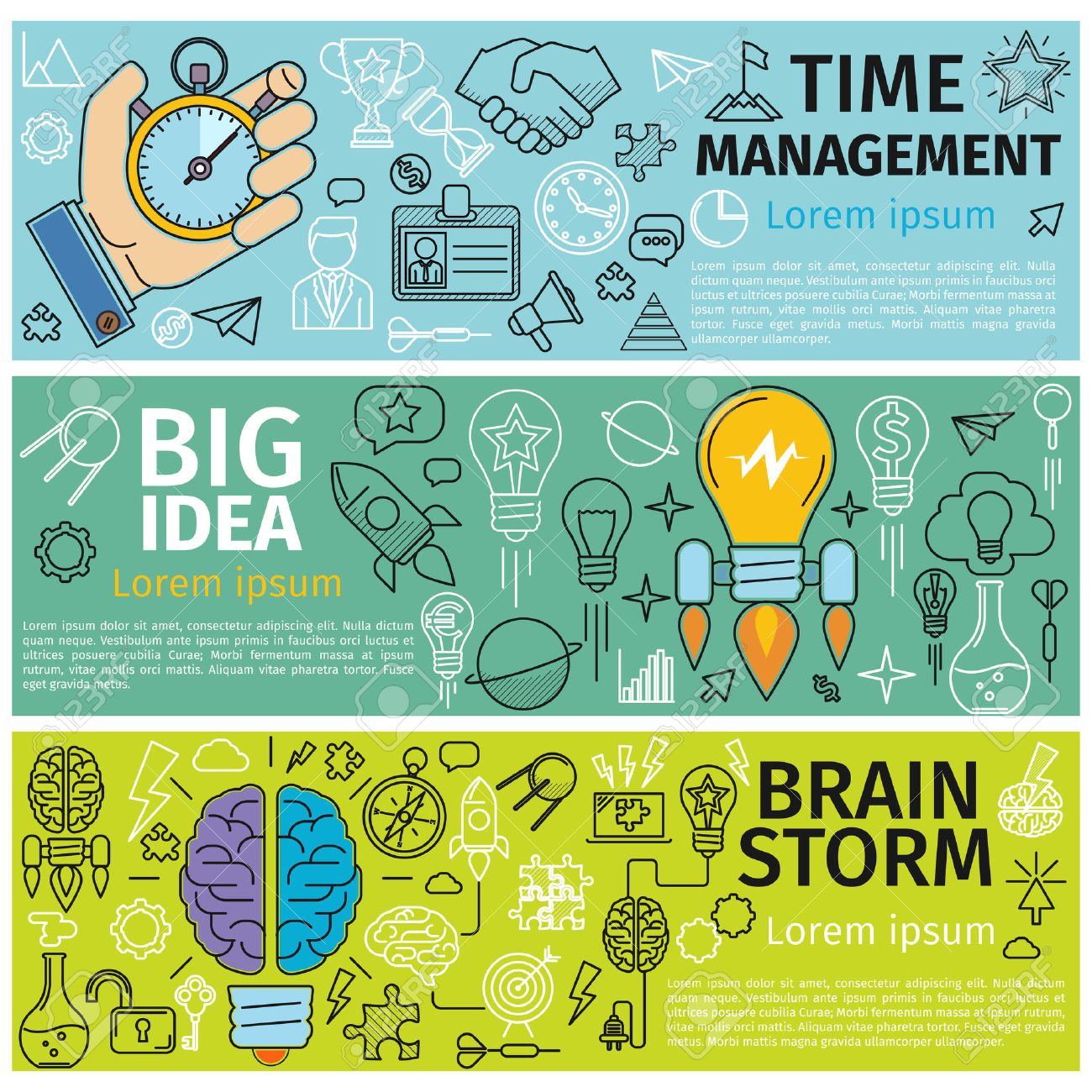 Flat concept banners of Time management, Creative design, Big Idea, Brainstorm. Line art icons Innovation and solution. business idea. Vector illustration - 50412942 Flat concept banners of Time management, Creative design, Big Idea, Brainstorm. Line art icons Innovation and solution. business idea. Vector illustration - 50412942