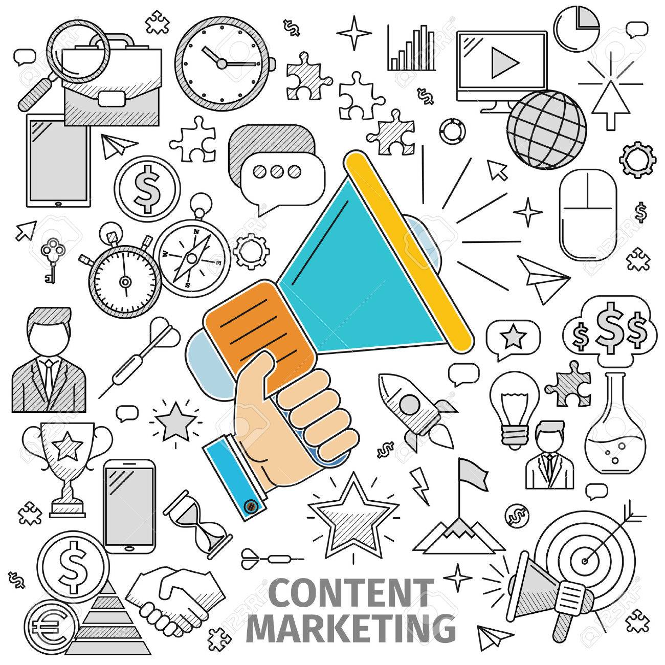 Line art flat concept of Content Marketing. Basis - loudspeaker in his hand and contour icon on the topic. illustration of flat in a line art style - 50617183 Line art flat concept of Content Marketing. Basis - loudspeaker in his hand and contour icon on the topic. illustration of flat in a line art style - 50617183
