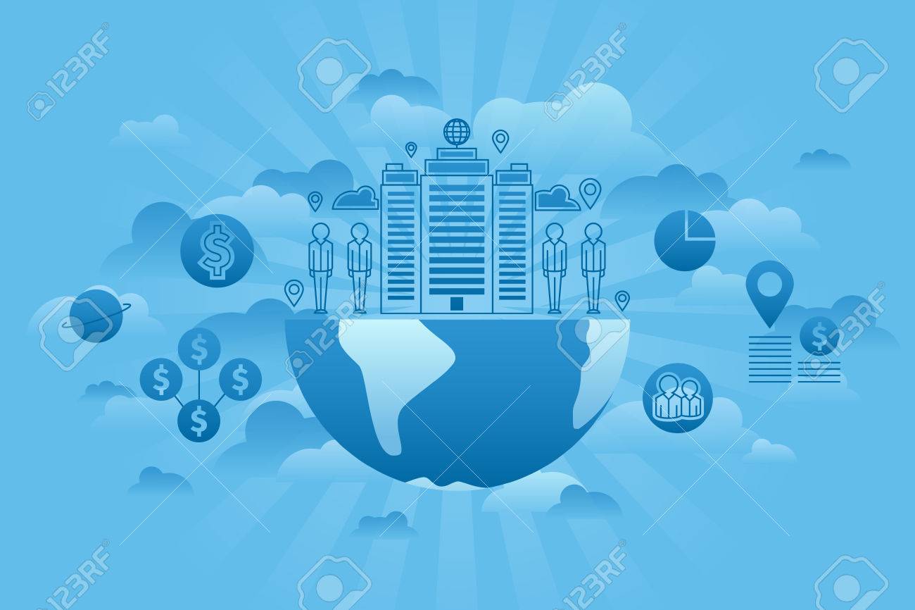 グローバル企業のコンセプトです ブルーのグローバル ビジネスのアイコンを設定します 雲と青い空のスタイルです 株式会社 世界中の人々 のイラスト素材 ベクタ Image