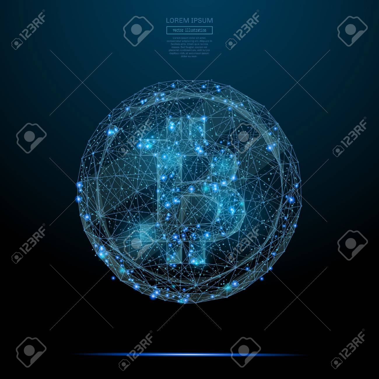행성, 별 및 우주의 형태로 점, 선 및 도형으로 구성 된 별이 빛나는 하늘 또는 공간의 형태로 Bitcoin 로고의 추상적 인  이미지. 벡터 동전 와이어 프레임 개념입니다. 로열티 무료 사진, 그림, 이미지
