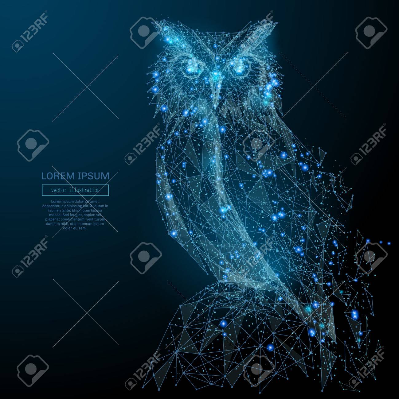 Owl isolated from low poly wireframe on dark background. Wild bird of prey. Vector polygonal image in the form of a starry sky or space, consisting of points, lines, and shapes in the form of stars - 85127826 Owl isolated from low poly wireframe on dark background. Wild bird of prey. Vector polygonal image in the form of a starry sky or space, consisting of points, lines, and shapes in the form of stars - 85127826