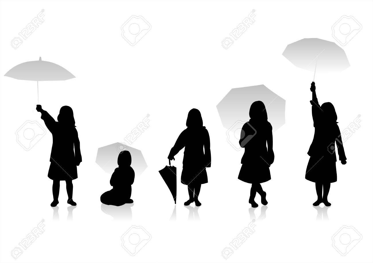 5 黒の子供たちのシルエットと白い背景の上の傘 のイラスト素材 ベクタ Image