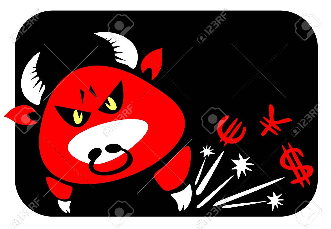 cartoon red bull and money symbol of game at a stock exchange
