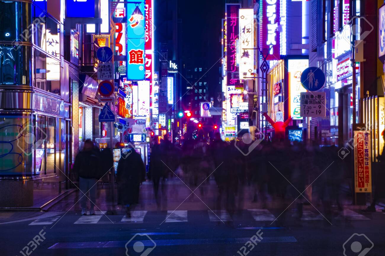 A Night Neon Downtown Street In Shinbashi Tokyo Long Shot Stock Photo Picture And Royalty Free Image Image