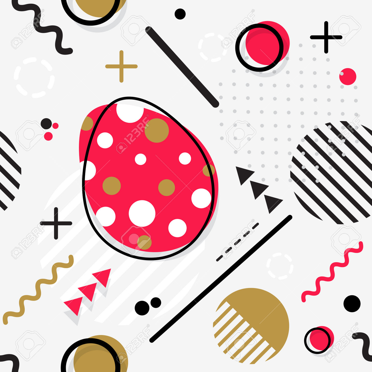 トレンディなシームレスな メンフィススタイルのイースター幾何学模様 ライン要素と幾何学的な数字を持つベクトルイラスト のイラスト素材 ベクタ Image