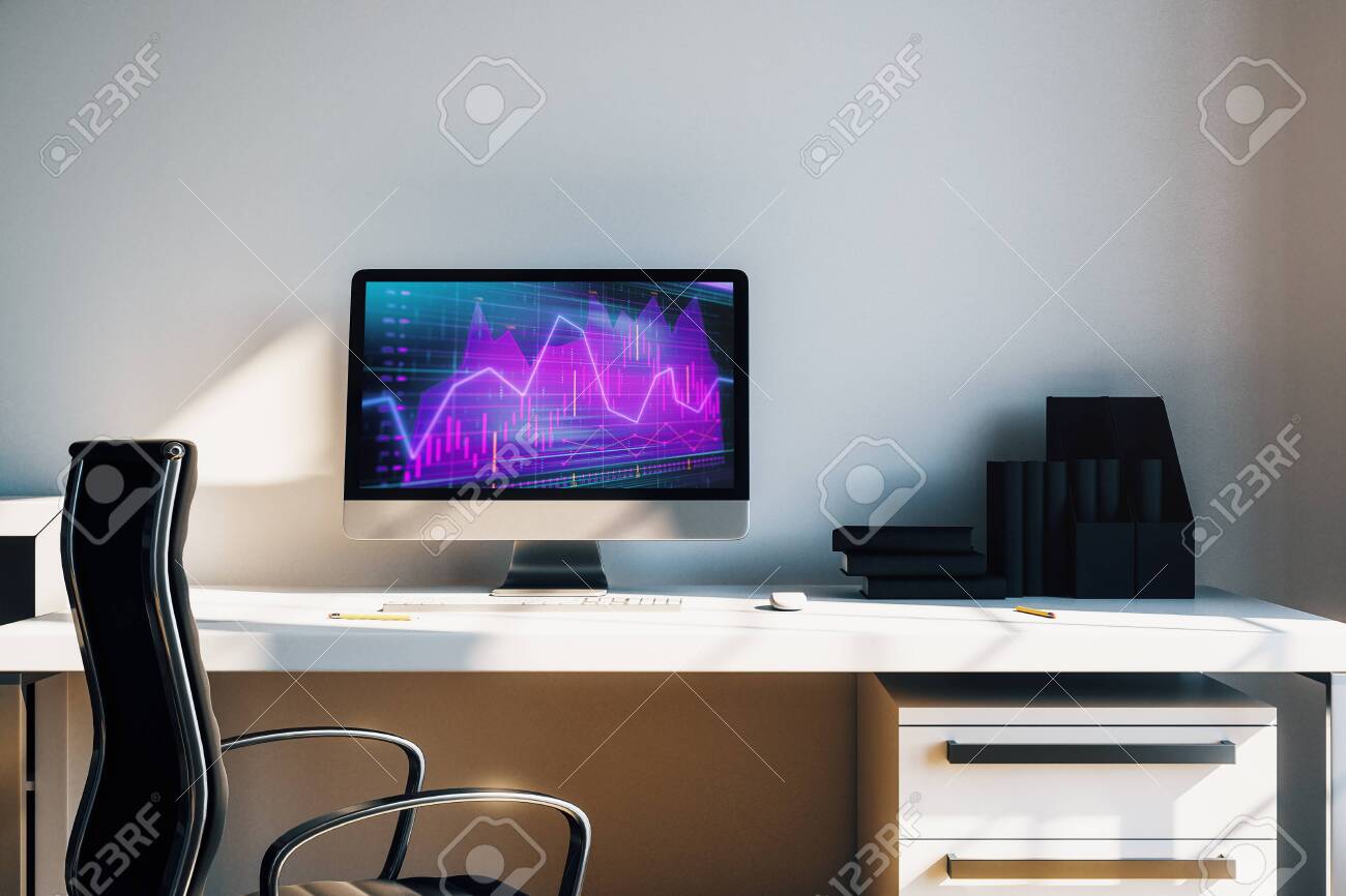 Cabinet Desktop Interior With Financial Charts And Graphs On