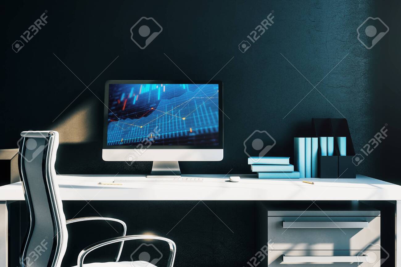 Cabinet Desktop Interior With Financial Charts And Graphs On
