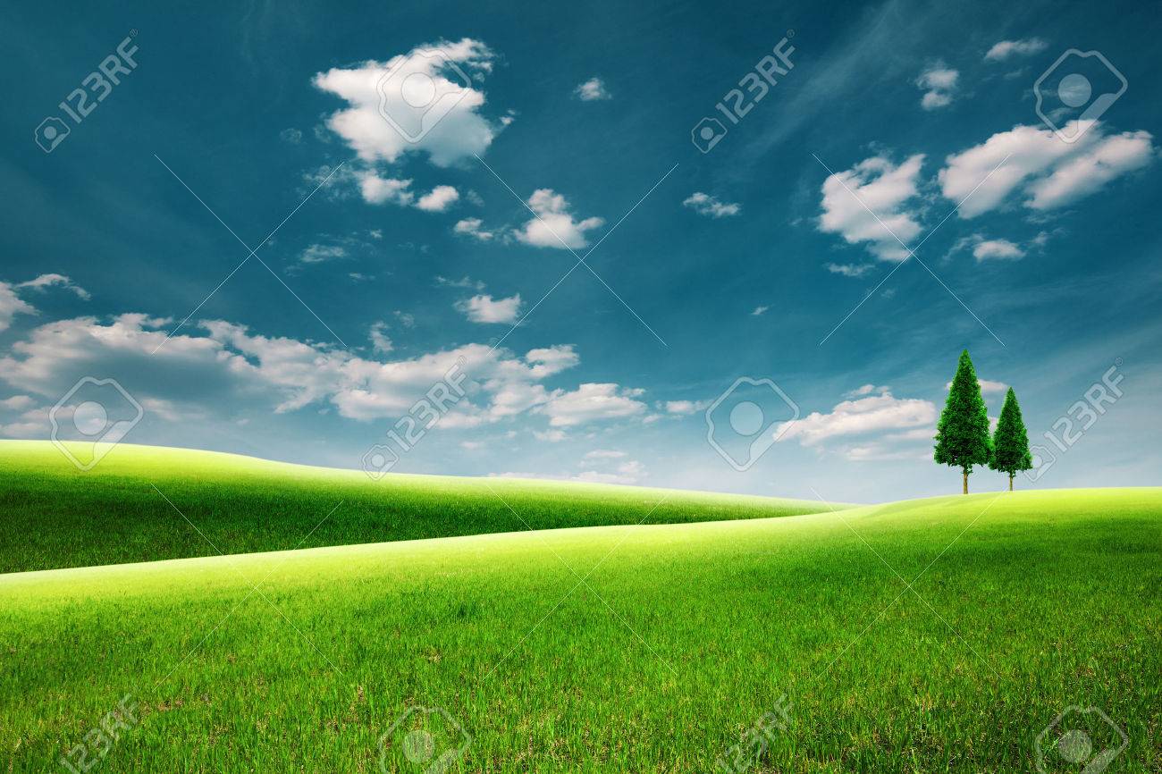 Summer rural landscape with green hills under blue skies - 45007259 Summer rural landscape with green hills under blue skies - 45007259