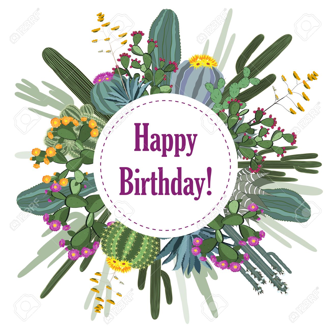 Cadre Rond Sucre De Cactus Carte De Joyeux Anniversaire Illustration Vectorielle Clip Art Libres De Droits Vecteurs Et Illustration Image