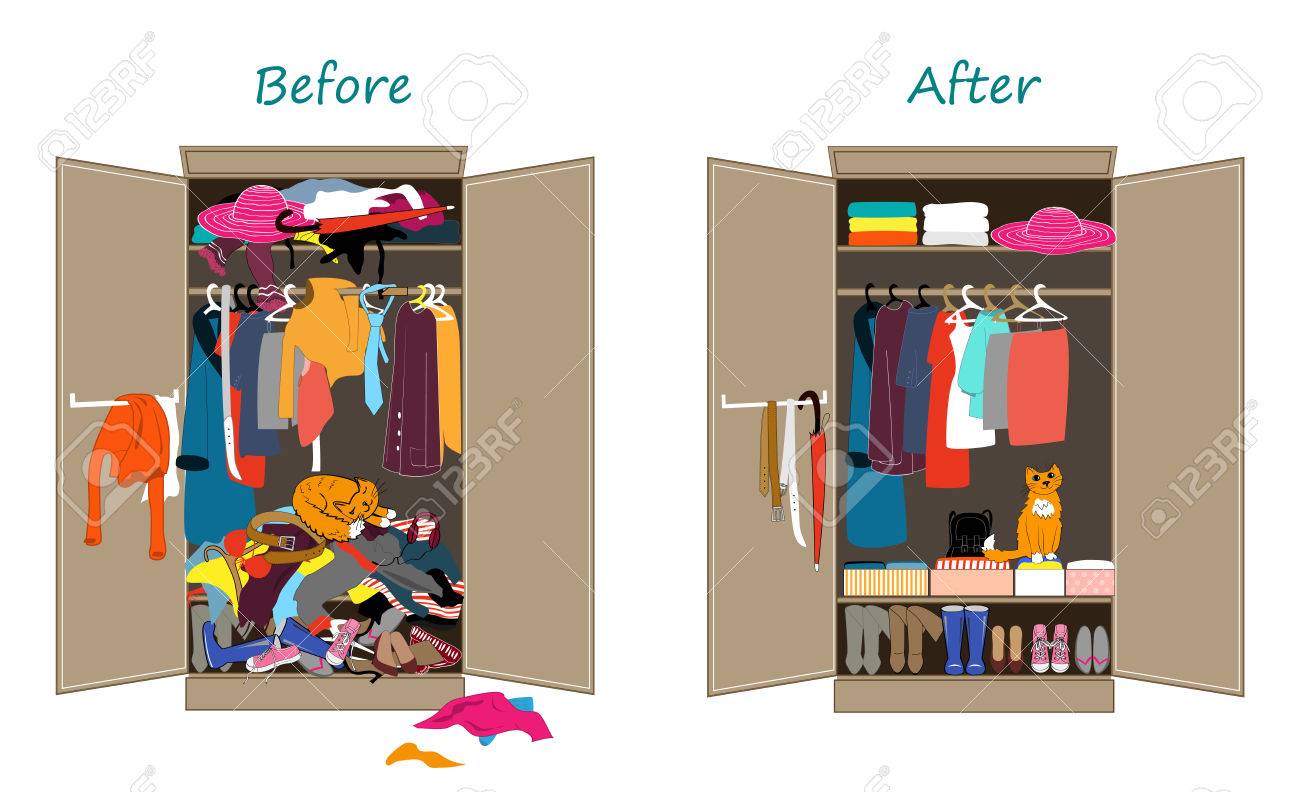 Before untidy and after tidy wardrobe. Messy clothes thrown on a shelf and nicely arranged clothes in piles and boxes. - 78205327 Before untidy and after tidy wardrobe. Messy clothes thrown on a shelf and nicely arranged clothes in piles and boxes. - 78205327