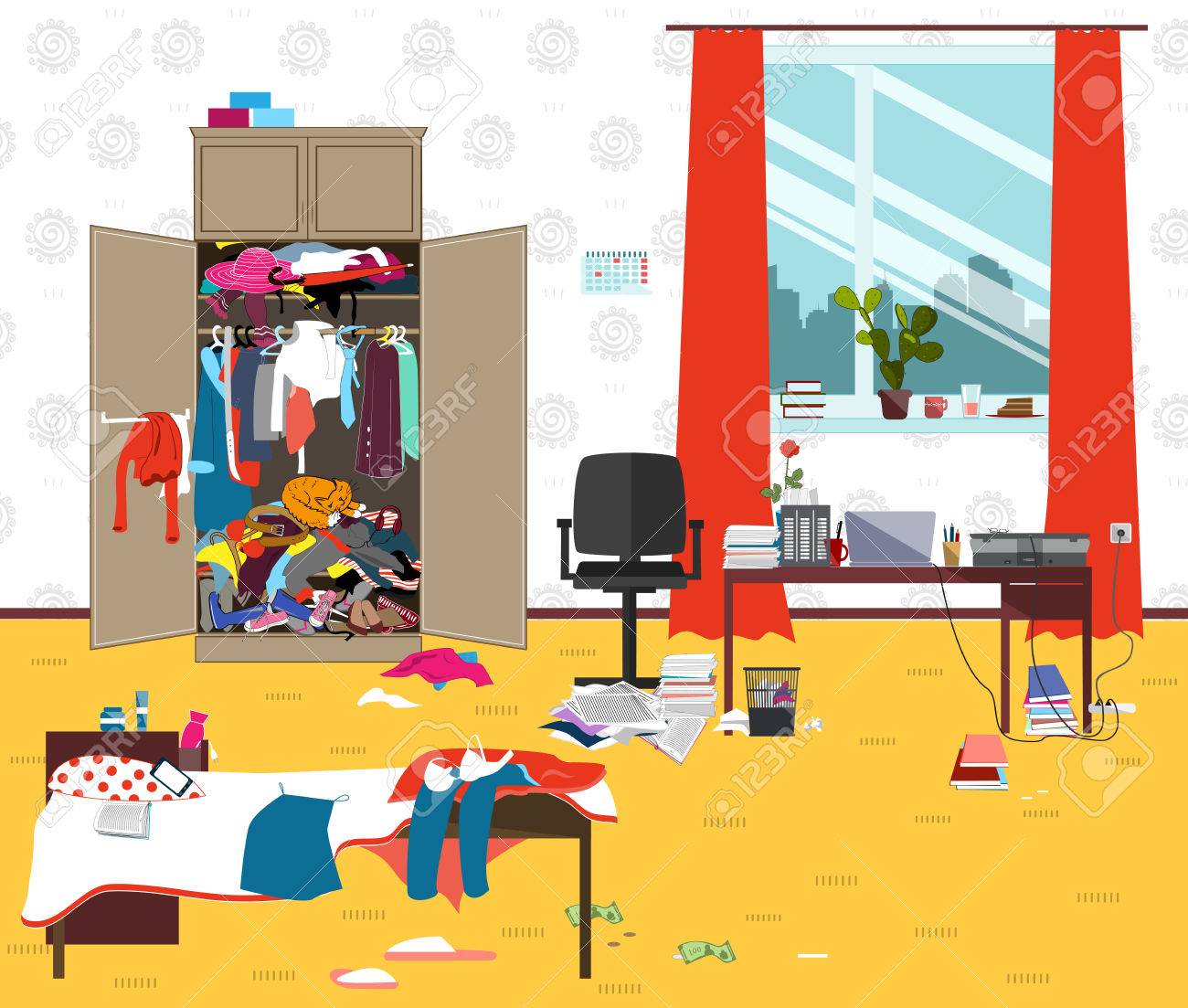 messy room where young lady lives teenager or student girl untidy