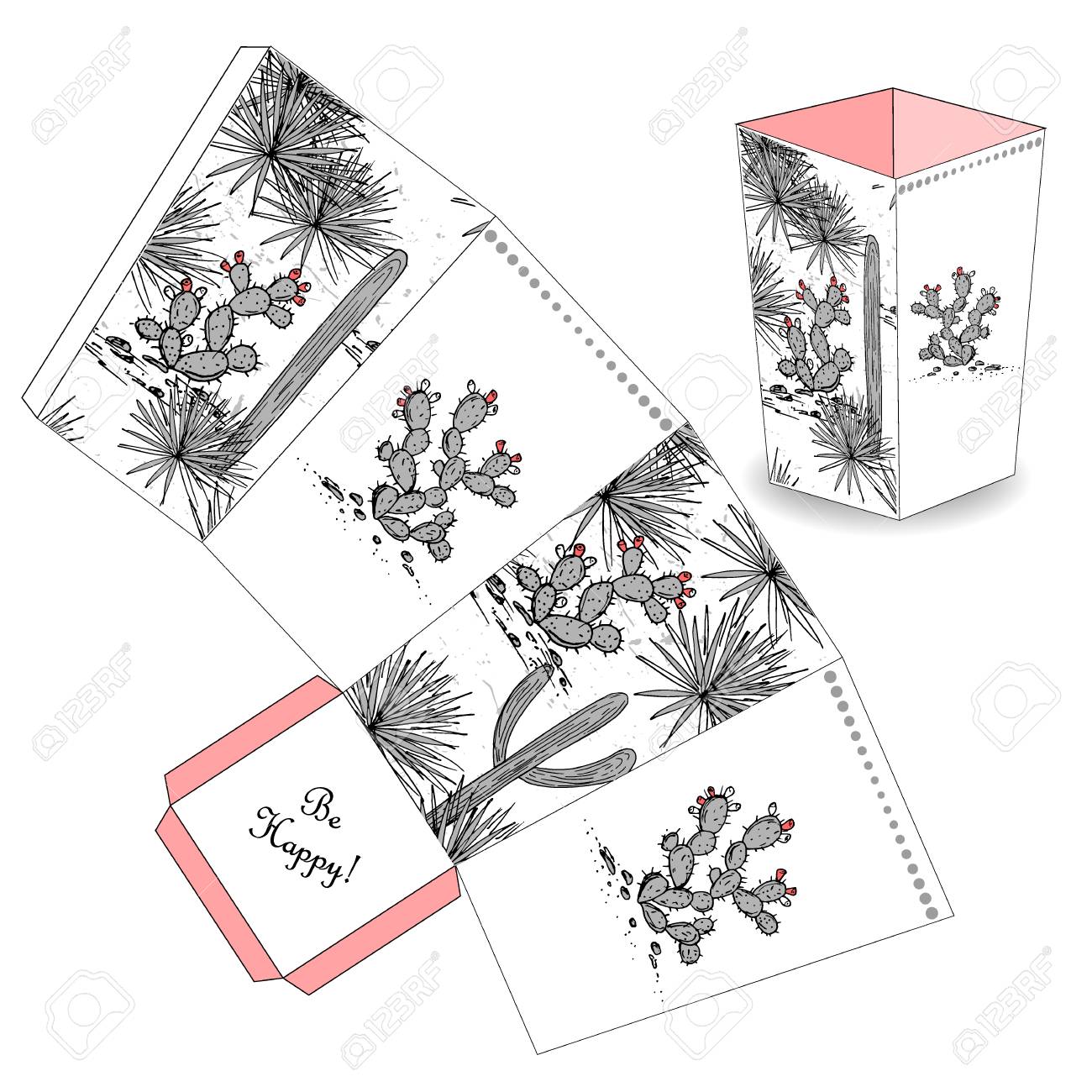 cute popcorn box with hand drawn sketch cactus prickly pear